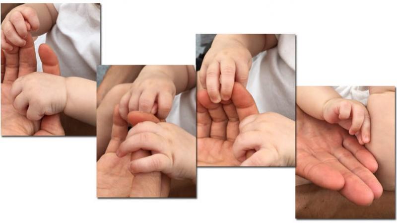 En bildserie med ett litet barns händer som håller i en vuxens hand, som är formad olika på varje bild.
