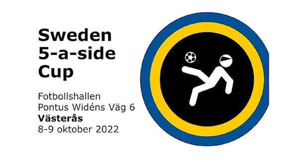 logga: Inuti en svart cirkel, en vit grafisk man som sparkar en fotboll. Han har ögonbindel.