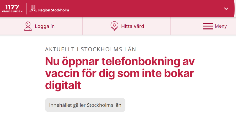 Bild från dator, röd text: nu öppnar telefonbokning av vaccin