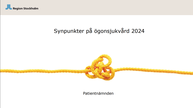 Bild på framsida av en rapport. På vit botten text: Synpunkter på ögonsjukvård 2024.  Under en bild att ett gult snöre med trasslig knut i mitten.