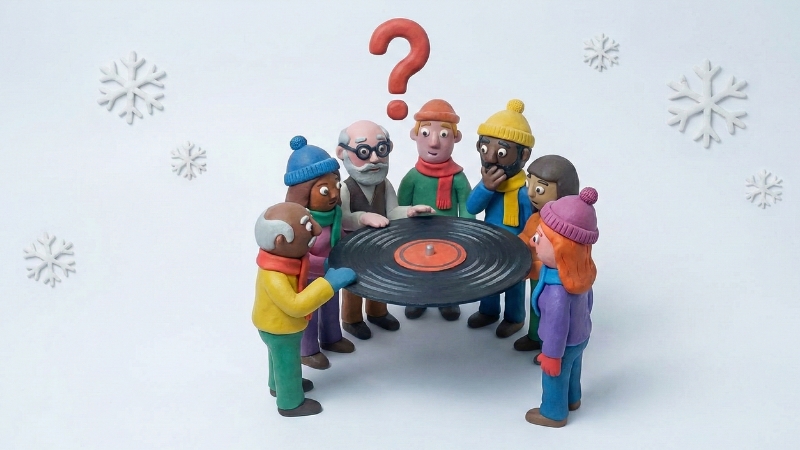 Sju färgglada lerfigurer i vinterkläder står samlade runt en stor vinylskiva. Ett rött frågetecken svävar över dem mot en ren, vit bakgrund med snöflingor. 