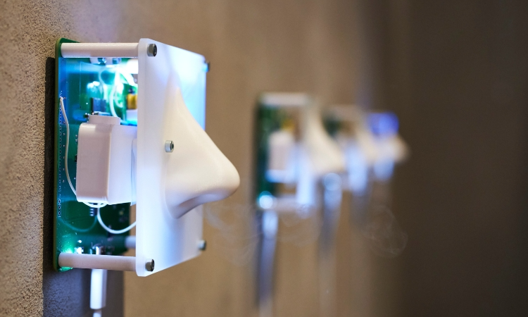 En vit plastnästa monterad på en plattamed elektronik på en grå vägg. Det kommer lite vit rök ut ur näsborrarna.