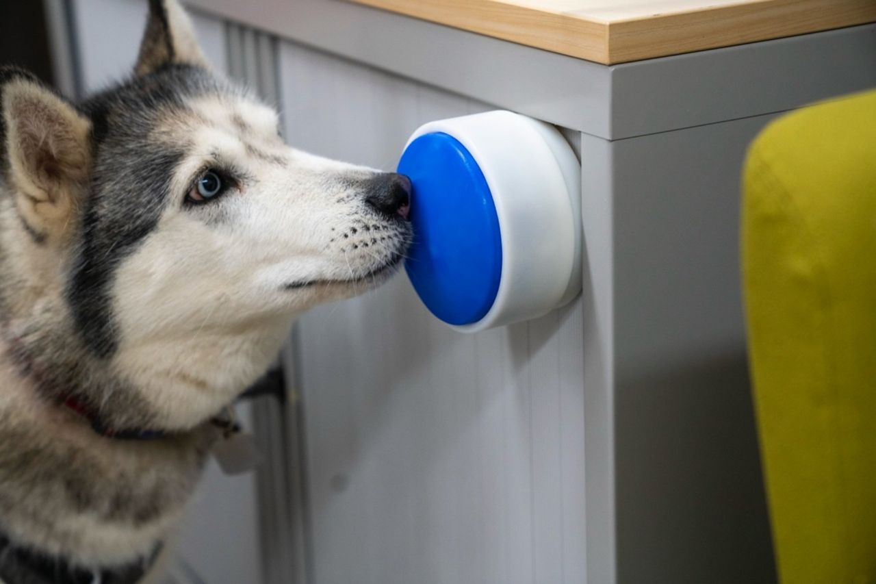 En gråvit hund trycker sin nos mot en blå större tryckknapp i plats som är fastsatt på en vägg.