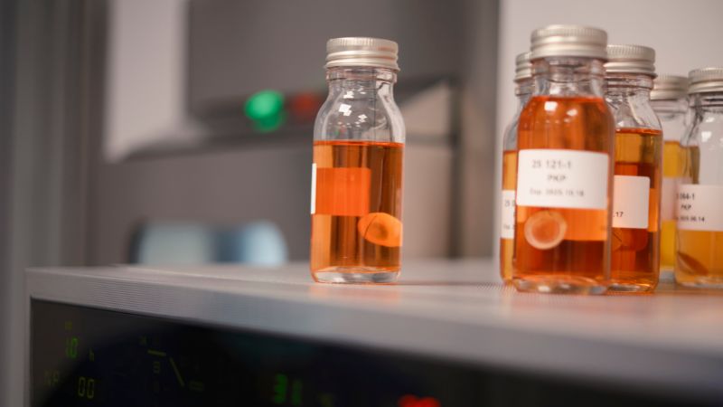 Sex genomskinliga flaskor med en orange vätska inuti står på ett grått plåtskåp. I varje flaska hänger en lossad hornhinna, mjölkvit, i en svart tråd. På varje flaska sitter en vit etikett med datum och några siffror. 