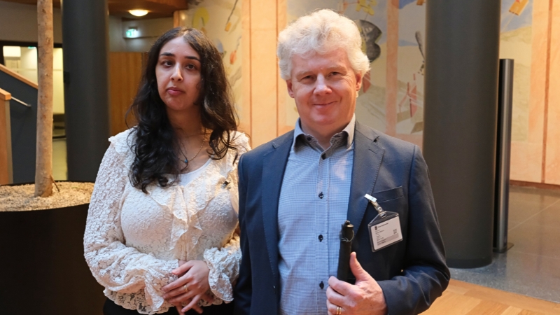 En kvinna i 20-årsåldern står bredvid en medelålders man. Kvinnan har mörkt långt hår i mittbena. Hon har olivfärgad hud och bär en cremevit långärmad blus med spets. Mannen är vit och har vitt lite krulligt hår som faller över pannan och nästan ner under öronen. Han har en gråblå kavaj över en smårutig blåvit skjorta. I sin ena hand håller han handtaget till en vit käpp.