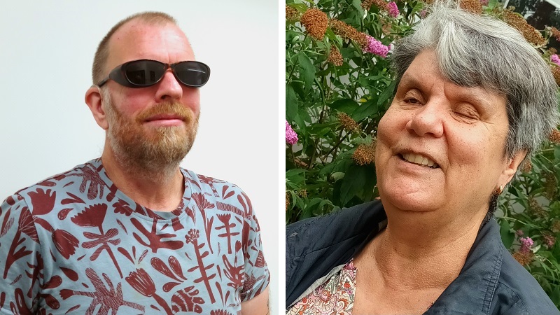 Fotomontage med Alex Boije till vänster och Viviann Emanuelsson till höger. Alex är kortklippt med rödlätt hår och helskägg, mörka glasögon. Viviann är mörkhårig med gråa stråk.