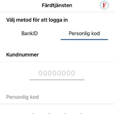 Skärmbild app Färdtjänsten. Textanvisningar för inloggning.