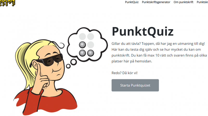 Tecknad bild på ljus tjej med mörka glasögon och tankebubbla med punktskrift.