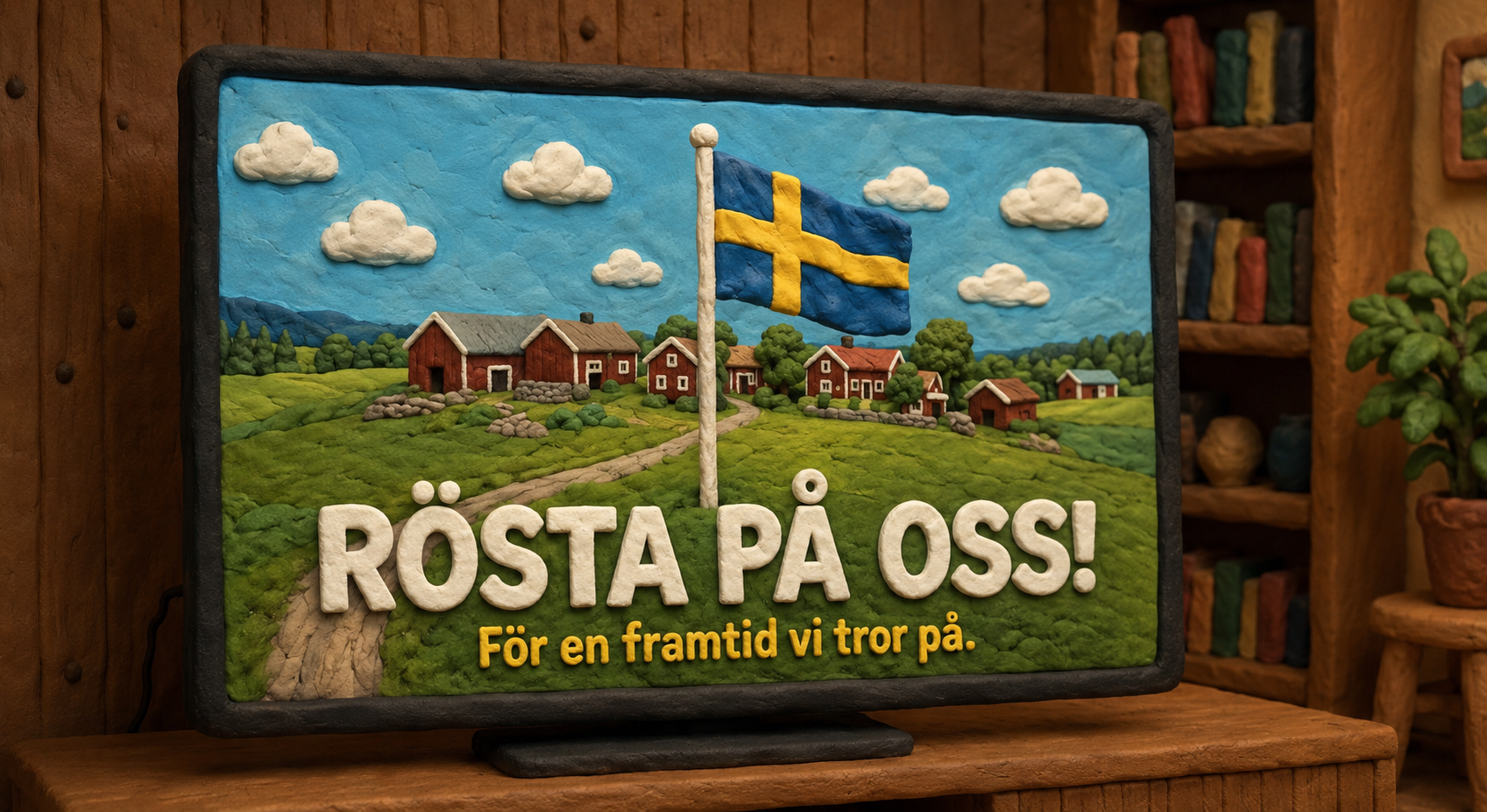 En illustration i leranimerad stil på en tv där man ser en bild med en svensk flagga framför röda hus, texten "Rösta på oss, för en framtid vi tror på" täcker nedre tredjedelen av skärmen. 