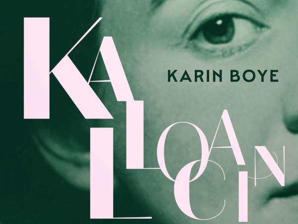 Bokomslag i svartvitt, bild på Karin Boje, vit text: Kallocain