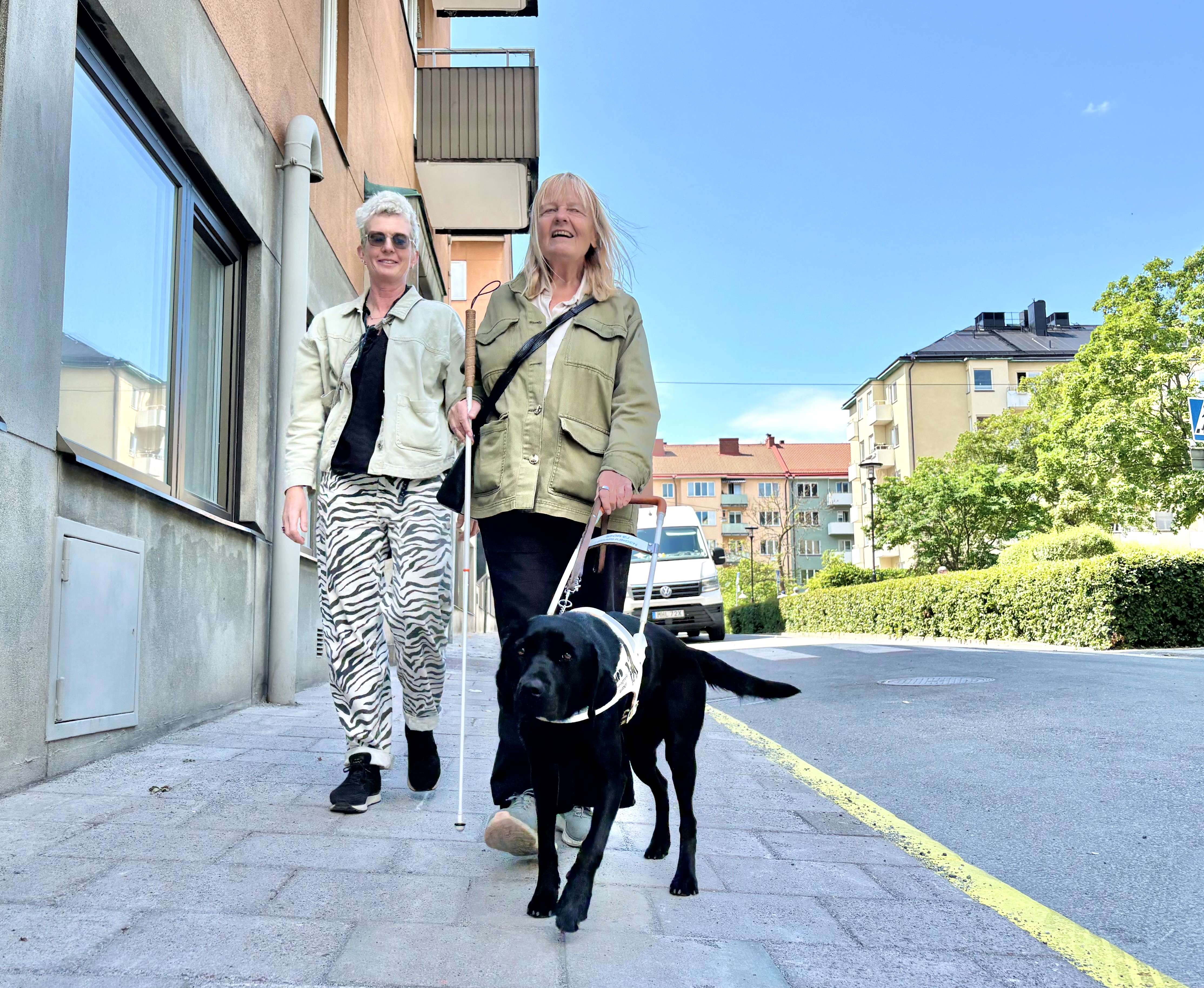 Två vita kvinnor går bredvid varandra på en gata. Den till höger är 65 år, blond, går med vit käpp och sin svarta ledarhund. Har kakigrön jacka och svarta byxor. Den till höger, har kort grått hår, beige jacka, sebrarandiga byxor i svar/vitt. Är 50 år.