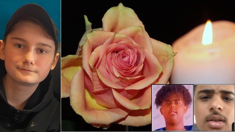Ett collage med porträttbilder på tre barn, ovanpå en bild av en ros och ett tänt ljus. Till vänster en större bild på Milo, och till höger varsin mindre bild av Momo och Layth.