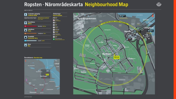 En grafisk karta över Ropsten nära tunnelbanestationen, i gråa toner och grönt.